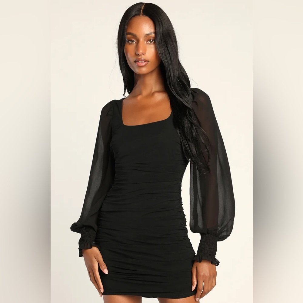Perfect Sensation Black Mesh Ruched Puff
Sleeve Mini Dress new with tag